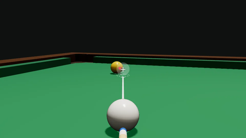 Player's eye view along the cue: the white ball in front, the yellow ahead, the see-through ghost ball beside it with a white cross on its centre