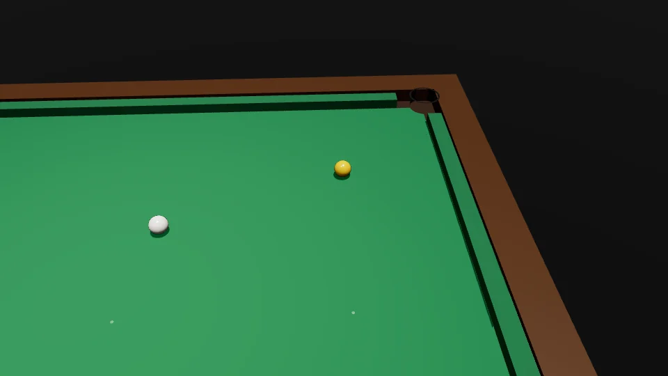 Clip: 1 line to the pocket, 2 red dot, 3 ghost ball, 4 aim and green wedge, then the stroke: the yellow runs down the line into the pocket and the white leaves at a right angle, marked with a square