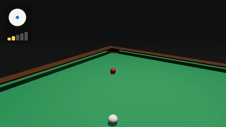 Clip: a straight red into the corner pocket. Tip in the centre, power 2. The cue moves back and forth, goes straight through, the red goes in and the white rolls a little after it