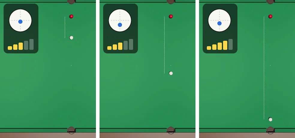 Three top views with the same red. The white is 30 cm, 80 cm and 145 cm away. Next to each is the white's face: to stop the white the tip is just below centre at 30 cm, clearly lower at 80 cm, and at 145 cm power 4 with the tip moderately low