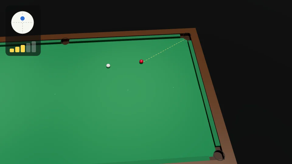 Clip: half-ball cut into the corner, tip above centre, power 3. The square line is shown dashed. The white first slides along the square line, then bends forwards