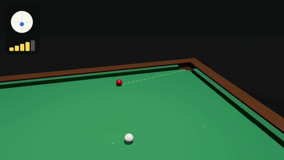 Clip: the red is near a side cushion, not far from a corner pocket; the white comes from below. The white barely touches the red's left side, the red runs to the right along the cushion into the corner pocket, and the white carries on almost straight to the side cushion and comes back