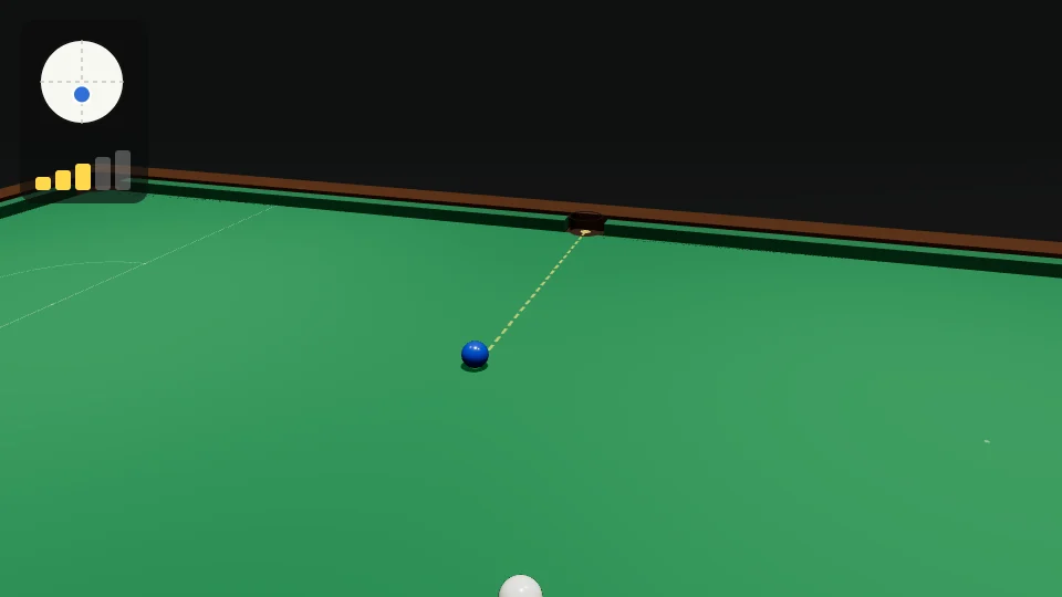 Clip: the blue on its spot, the white below and to the side. Step one shows the line from the hole's centre through the blue; step two the ghost ball. The blue is cut into the middle pocket with a stun