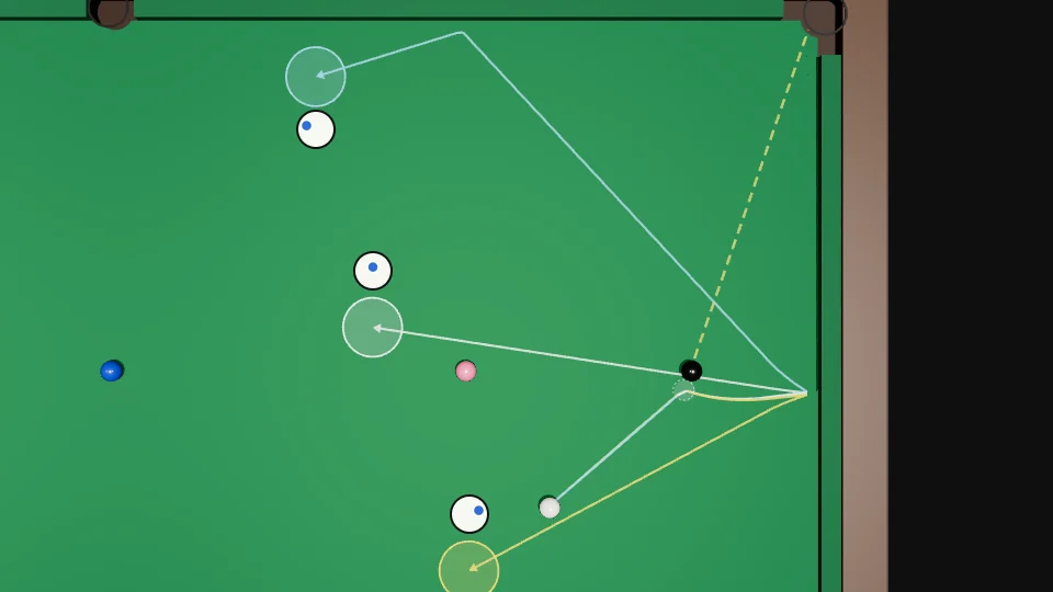 Top view of the black on its spot being potted into the top corner. Three white tracks leave it after bouncing off the top cushion: blue (check side) goes up towards the far side cushion, white (no side) comes back to the middle near the pink, yellow (running side) comes down the table. Each ends in a ring with a small face showing the tip spot