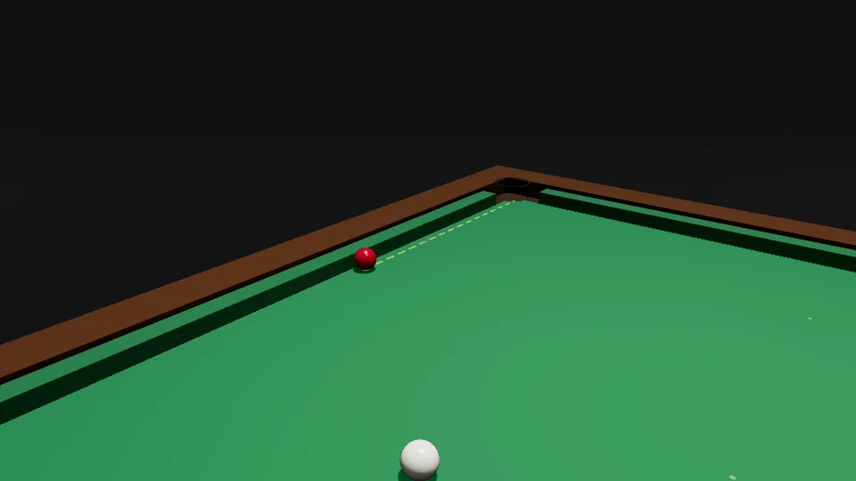 Clip: a red sits against the top side cushion 70 cm from the corner pocket. A yellow mark shows the point on the cushion just in front of it. The white hits the cushion and the red at the same moment, and the red runs along the cushion into the corner pocket