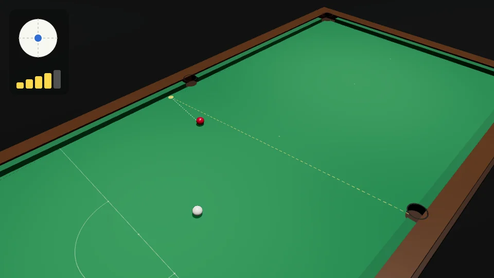 Clip: the red near the top side cushion, the white below and to the left. A yellow dot on the cushion and a line to the bottom middle pocket show the double. The white hits the red firmly, the red comes off the cushion and runs across into the middle pocket, and the white runs away across the table