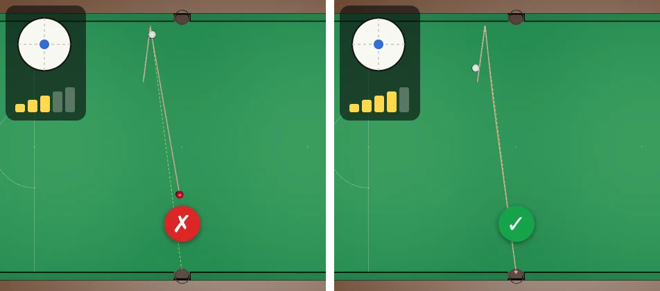 Two top views of the same straight double. Power 3: the red comes off the cushion and stops in the middle of the table, cross. Power 4: the red reaches the bottom middle pocket, tick