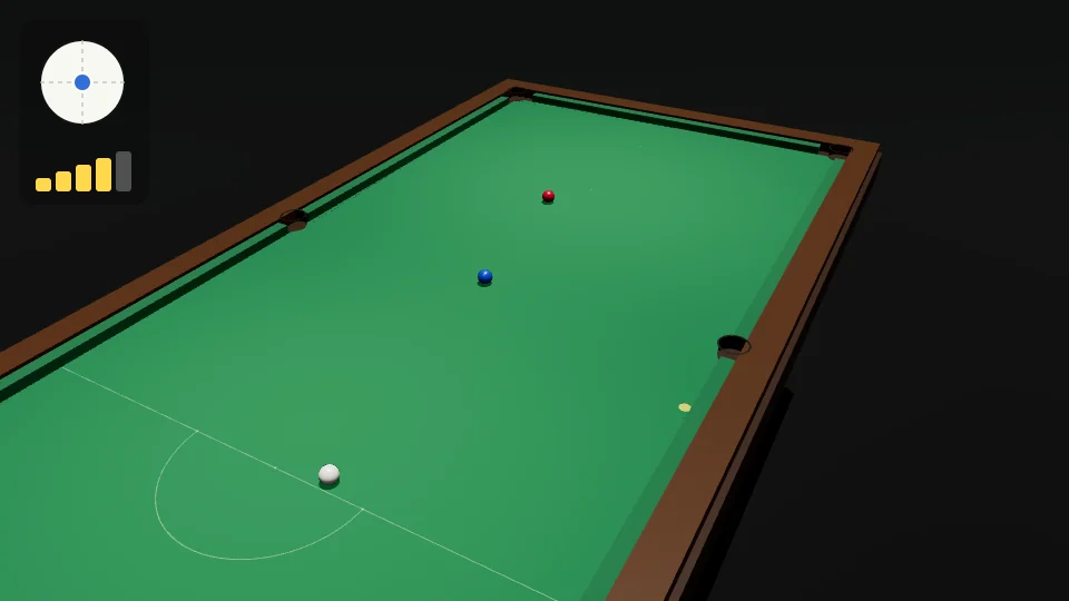 Clip: from the baulk end, a yellow dot marks the cushion point and a dashed line runs to it. The white is played at power 4 off the bottom side cushion, comes up past the blue and hits the red