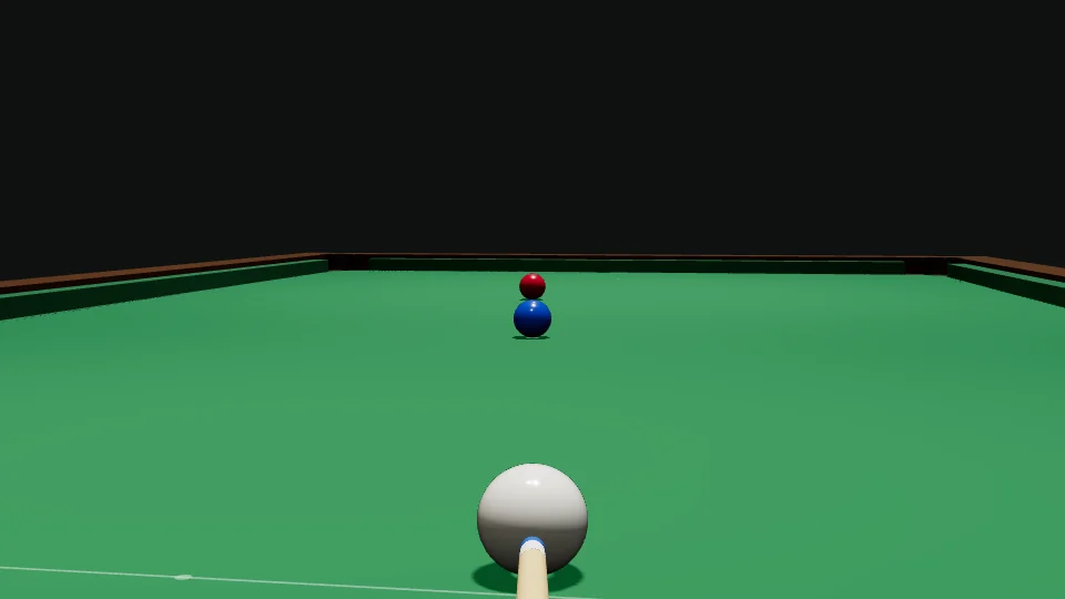 View down the cue from behind the white. The blue ball sits straight ahead and the red is hidden behind it; only the top of the red shows over the blue