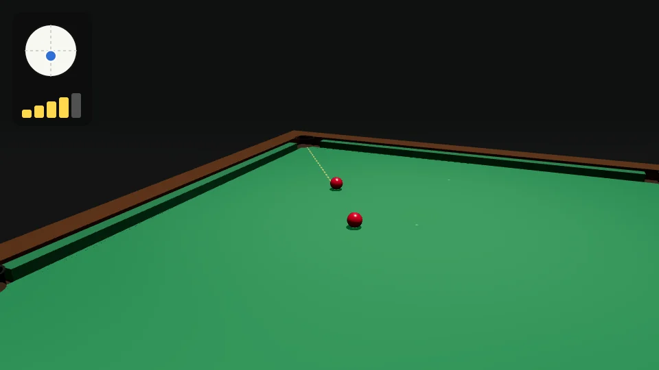 Clip from behind the white. First the line from the pocket to red 2 appears, then ghost ball 2 and the line to red 1, then ghost ball 1. The white hits red 1, red 1 hits red 2, and red 2 goes into the top corner