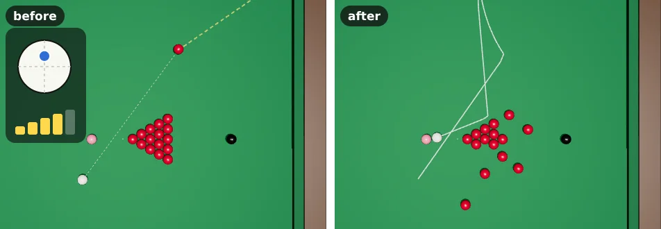 Two top views near the pack of reds. Before: a loose red above the pack, the white below and left, a line from the red to the top corner pocket; the tip spot is above centre, power 4. After: the red is potted; the white went off the side cushion and into the top of the pack, and four reds have rolled out