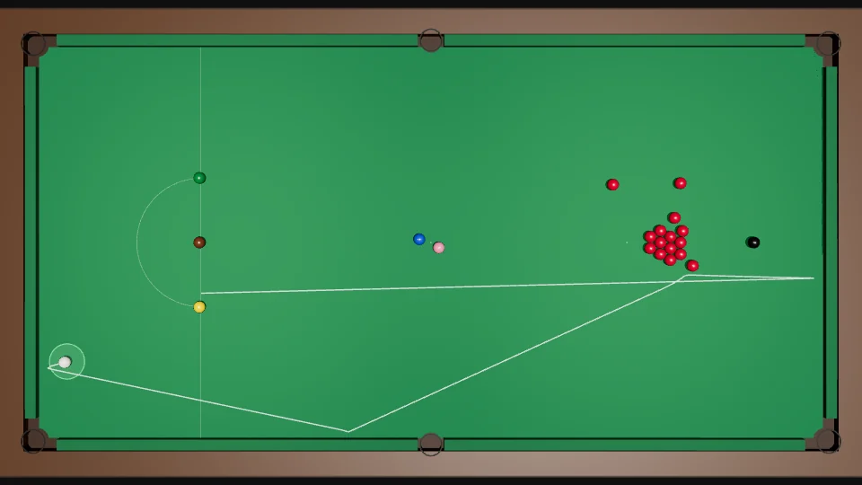 Top view of the whole table at the start of a frame. The white starts in the D near the yellow. Its track goes up the table, just touches the end red of the back row of the pack, runs to the top cushion, off the side cushion, and back down to the baulk end, where it stops close to the cushion in a green ring. Only a few reds have moved
