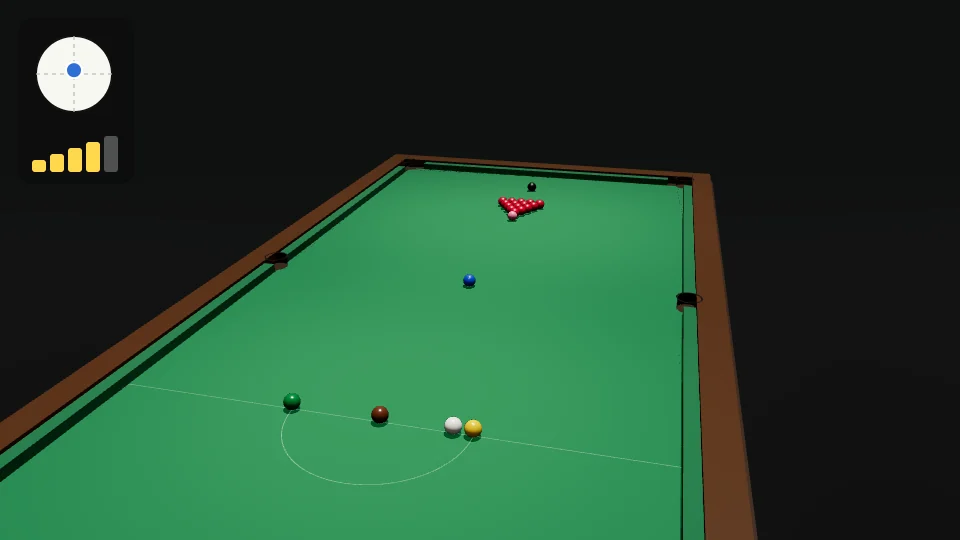 Clip from behind the baulk end: the white leaves the D, clips the end red of the pack, runs round off the top and side cushions and comes back past the yellow to the baulk end