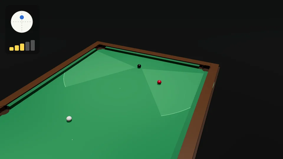 Clip from the baulk side: green wedges show the zone for the black. The red is potted into the bottom right corner with follow; the white comes off the end cushion and stops inside the green, at an angle to the black