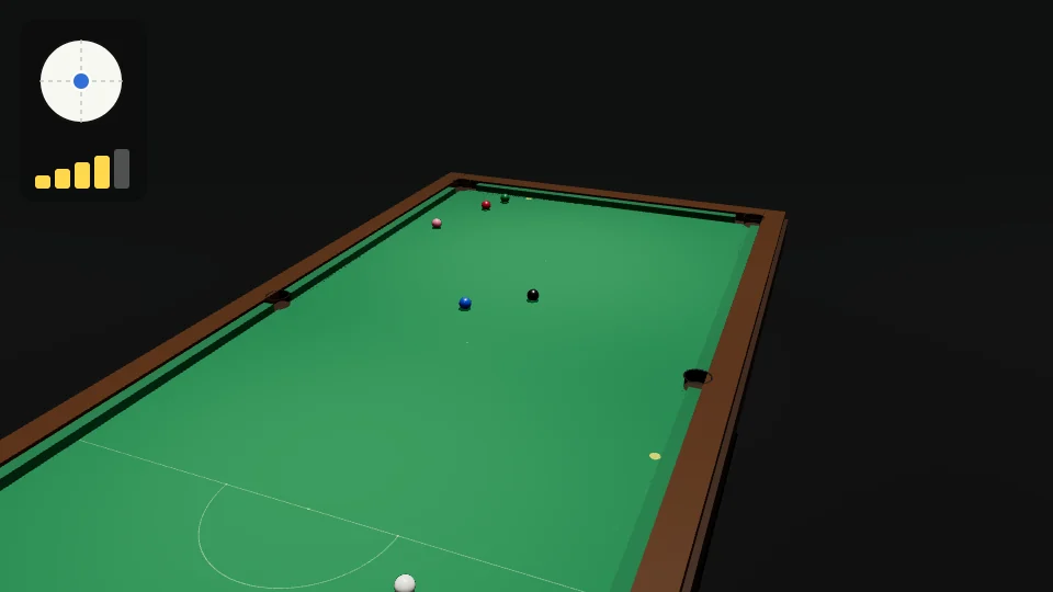 Clip from the baulk end: two yellow dots mark the cushion points on the bottom side cushion and the end cushion. The white is played at power 4, goes down to the bottom cushion, up to the end cushion and back out to hit the red