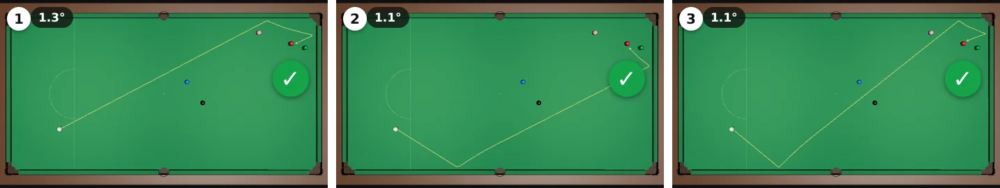 Three top views, each a different escape that hits the red, with the room for error: 1: off the top side cushion, then the end cushion, 1.3 degrees. 2: off the bottom side cushion, then the end cushion, 1.1 degrees. 3: off the bottom side, then the top side, then the end cushion, 1.1 degrees
