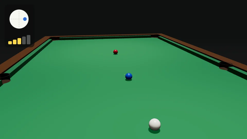 Clip from behind the white with the cue raised and the tip on the right of the white. The white starts to the left of the blue, curves back to the right after passing it, and hits the red