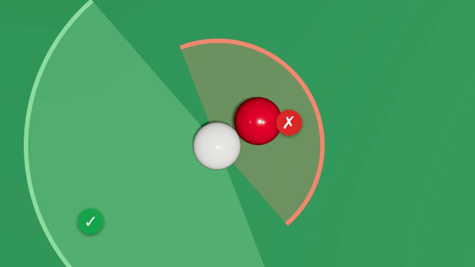 Close top view of the white touching a red. A large green area on the side away from the red shows where you may play; a red area on the red's side shows where you may not