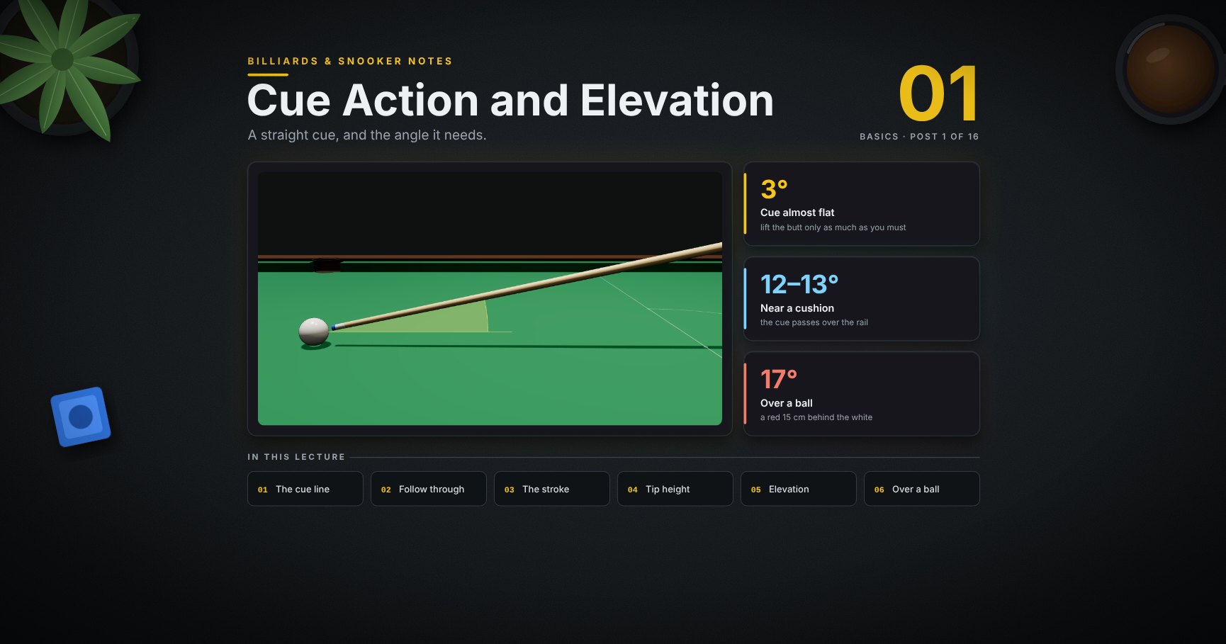 Billiards & Snooker — 01 · Cue Action and Elevation