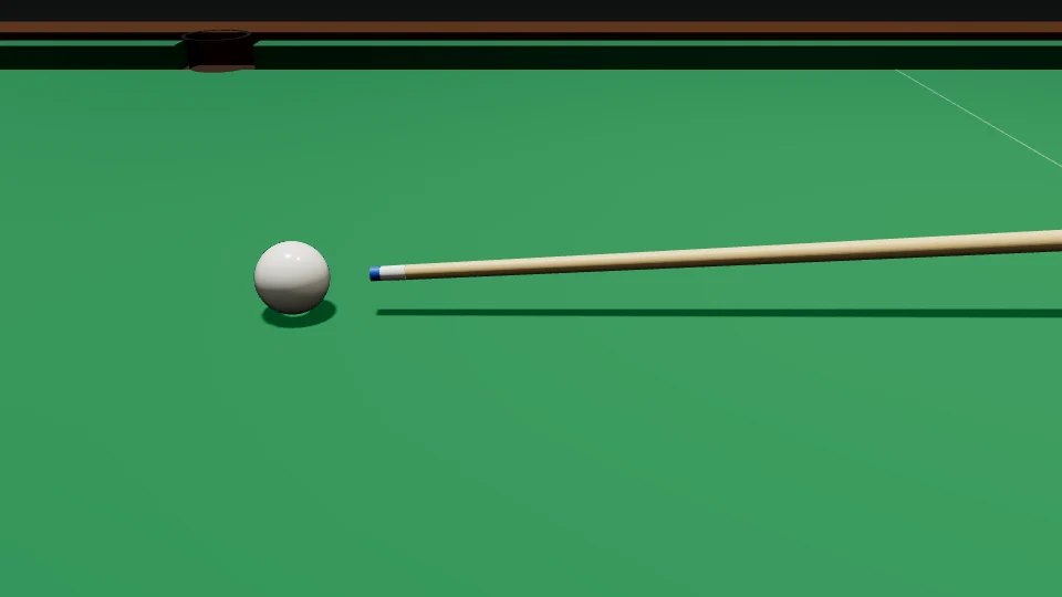 Side-view clip of the cue and the white. The cue makes a few slow practice strokes, pauses at the back, then moves smoothly through the white and on; the white rolls away