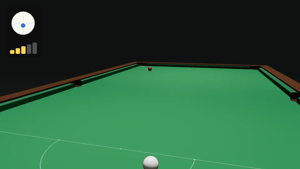 Clip from behind the white in the baulk area. A red sits near the top cushion, not far from the top-right corner pocket, with a yellow dashed line to the pocket. The white rolls the length of the table, the red drops into the corner and the white runs on