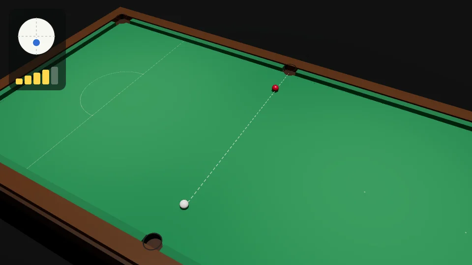 Clip: a straight red near the top middle pocket, the white 1.25 metres behind it. Tip low, power 4. The red goes in and the white screws back about 38 centimetres