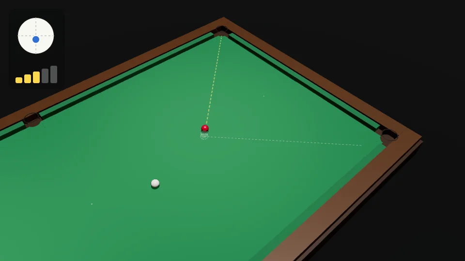 Clip: the half-ball pot into the top-right corner with a stun. The square line is drawn dashed from the contact point to the bottom-right corner pocket. The red goes in, and the white runs along the square line into the bottom-right corner