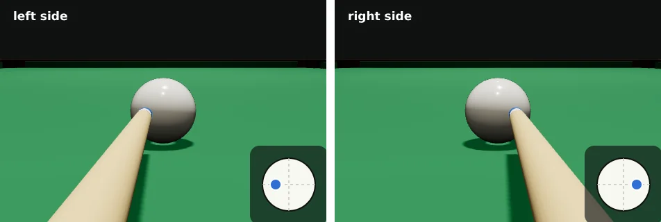 Two 3D close-ups from behind the white. Left: the cue tip touches the white left of centre. Right: the tip touches right of centre. A small face of the white in the corner shows the blue tip spot