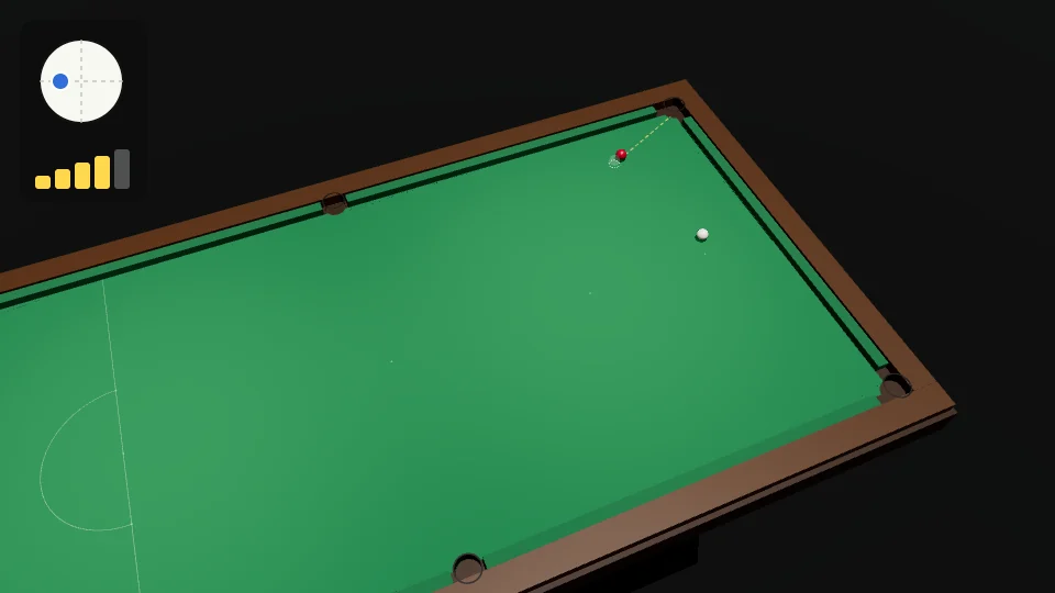 Clip from above the baulk end. The white comes up from the right side of the table and just grazes the red near the top cushion. The red runs along the cushion into the top-right corner; the white comes off the top cushion, crosses the table, and ends near the middle in a yellow ring