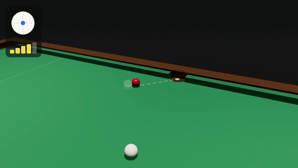 Clip from behind the white: the dashed line from the red to the middle pocket, the ghost ball almost beside the red, then the white just grazes the red and the red rolls into the middle pocket