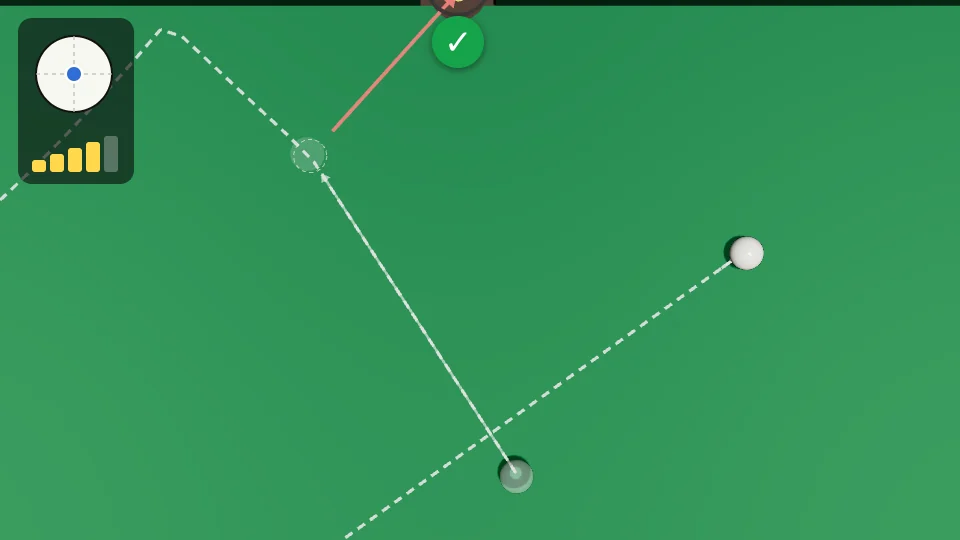 Top view near the top middle pocket. A red sits 20 cm out from the top cushion and 20 cm to the left of the pocket. The white comes from below right and cuts it at 75 degrees; the red runs into the middle pocket at a slant, tick. The white's dashed track runs on