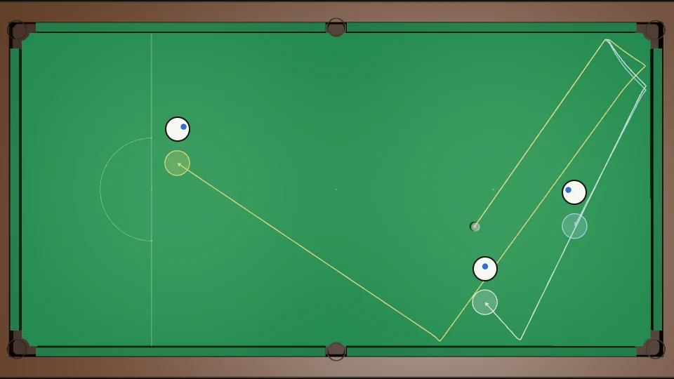Top view of the whole table. The white is sent up into the top cushion near the corner, then off the end cushion, with three tips. Check side ends near the right side of the table, plain ends lower, running side travels furthest, across to the left half of the table. Each end spot has a ring and a face
