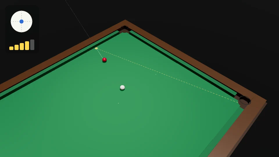 Clip: the red near the top side cushion, the white below it. The mirror line and the cushion point are shown, then the white hits the red, the red comes off the cushion and runs down the length of the table into the bottom-right corner