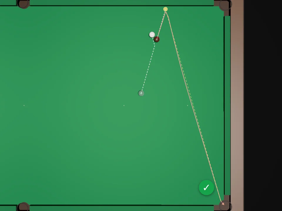 Top view of the right half of the table. A red near the top side cushion is doubled off it, down the table into the bottom-right corner pocket, tick. A yellow dot marks the cushion point; the white comes from below left and stops close to where it hit the red