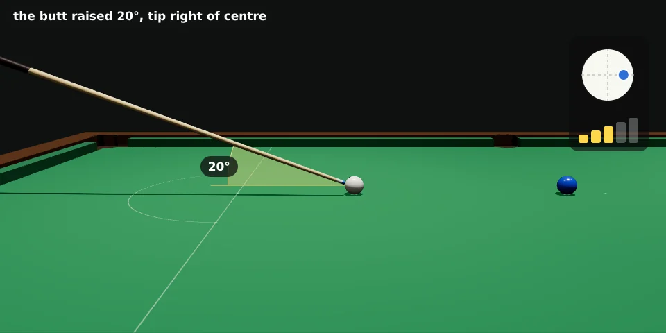 Side view of the swerve shot. The white with the blue ahead of it. The cue comes down at the white from above; a yellow wedge between the cloth and the cue shows 20 degrees. A small face shows the tip spot right of centre, and the power bars show 3 of 5