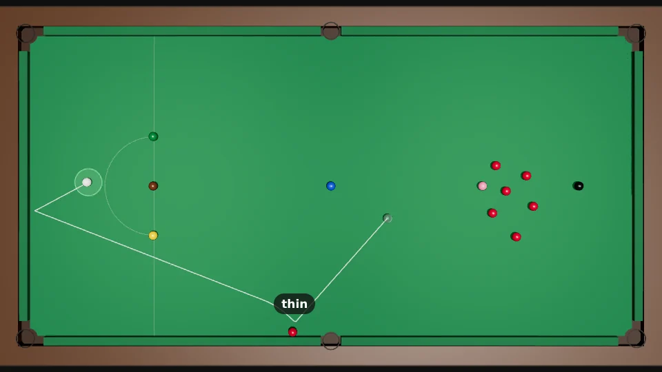 Top view of the whole table. Six reds and the pink near the top end; one red on the bottom side cushion near the middle pocket. The white, near the middle of the table, clips that red thinly, comes off the cushion and runs back to baulk, past the left end, and stops behind the brown, in a green ring