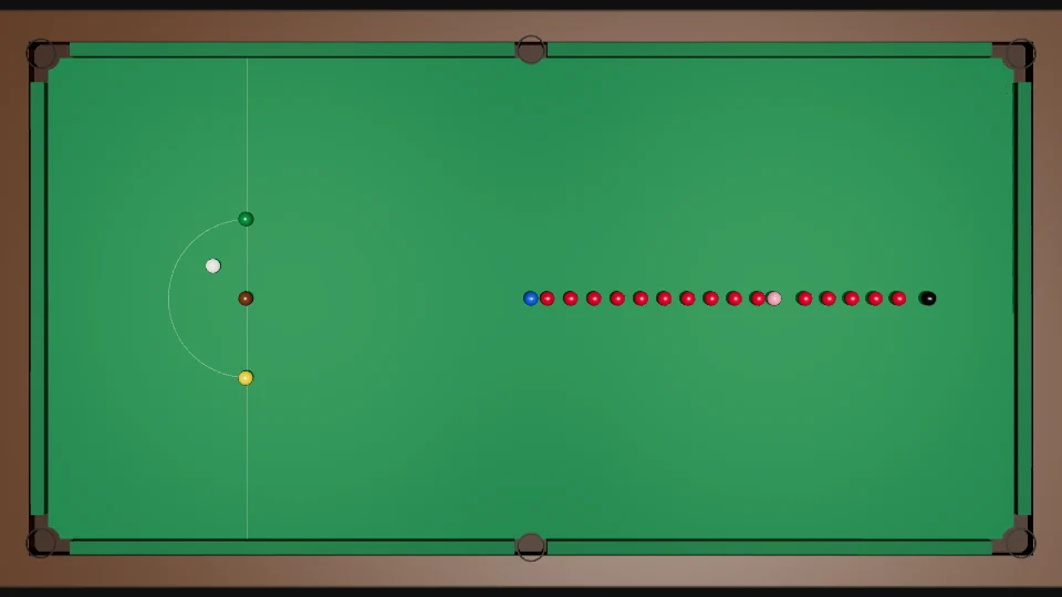 Top view of the whole table. All 15 reds stand in one line along the long middle line of the table, from just past the blue to just short of the black, with a gap around the pink. The colours are on their spots and the white sits in the D