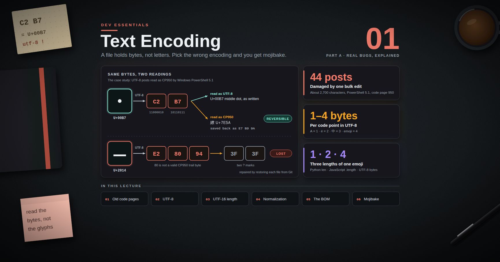 Dev Essentials — 01 · Text Encoding — Bytes, Unicode, UTF-8, BOM and Mojibake