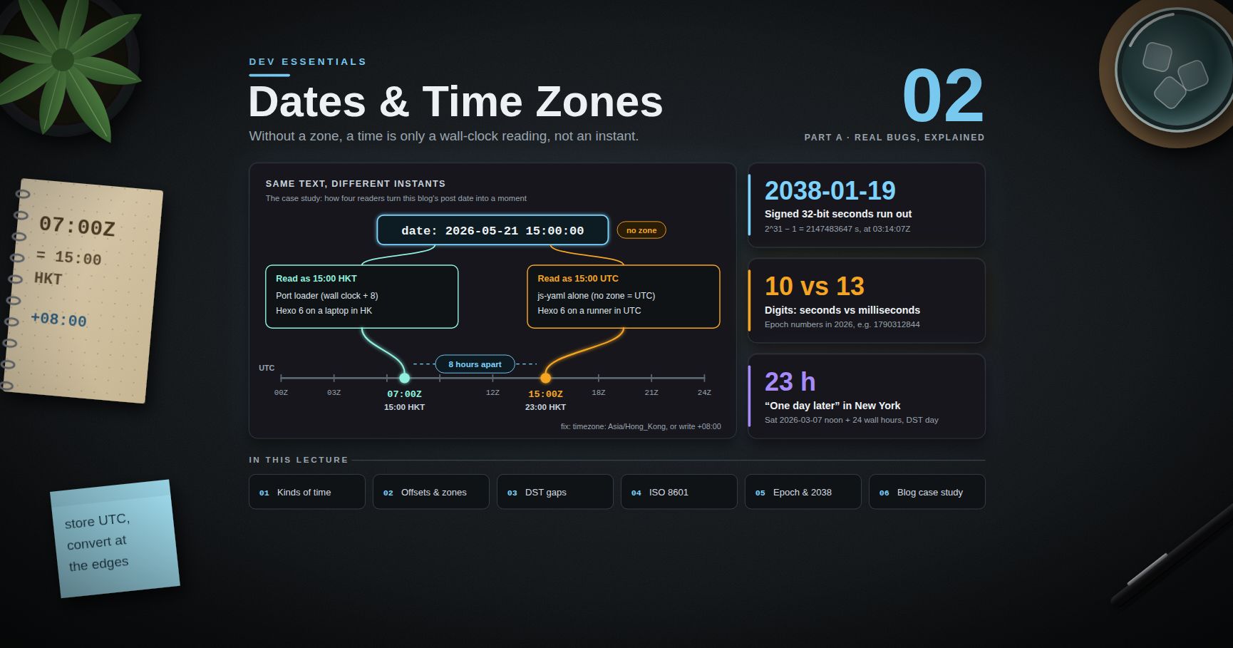 Dev Essentials — 02 · Dates and Time Zones — UTC, ISO 8601, DST and Offsets