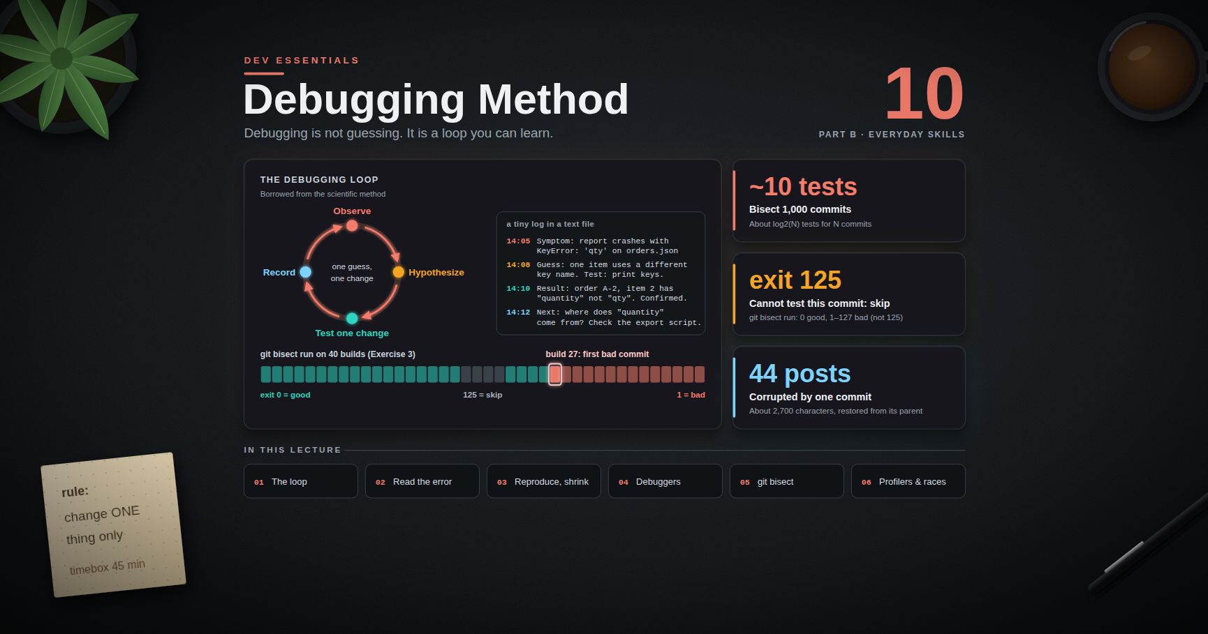 Dev Essentials — 10 · Debugging Method — Stack Traces, Reproduce, Bisect, Debuggers and Profilers