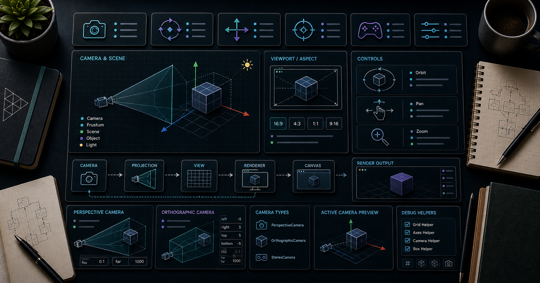 Three.js Course — 02 · Cameras, Controls, and Coordinate Systems